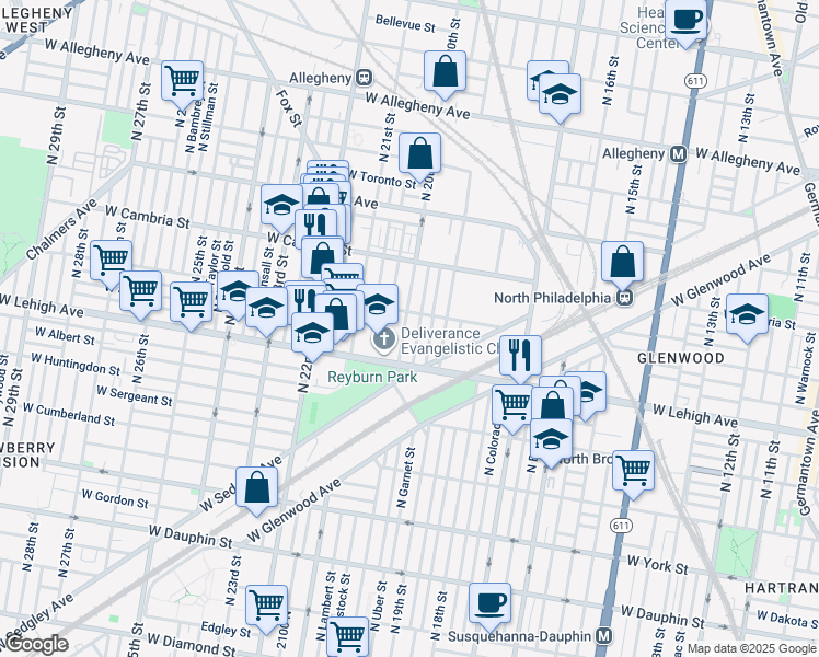 map of restaurants, bars, coffee shops, grocery stores, and more near 2747 North 20th Street in Philadelphia