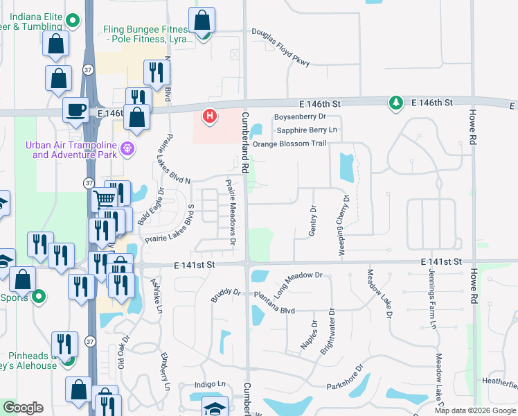 map of restaurants, bars, coffee shops, grocery stores, and more near 9839 Worthington Boulevard in Fishers