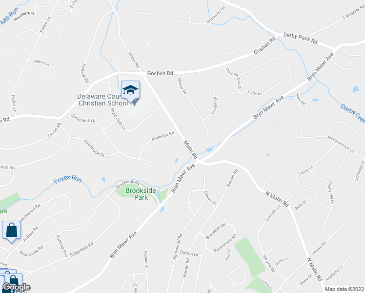 map of restaurants, bars, coffee shops, grocery stores, and more near 1 Hidden Spring Circle in Newtown Square