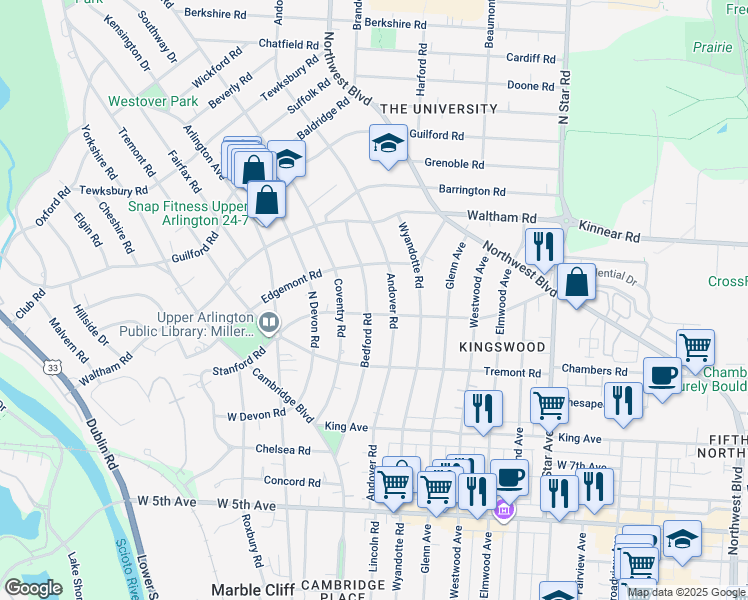 map of restaurants, bars, coffee shops, grocery stores, and more near 1934 Bedford Road in Columbus