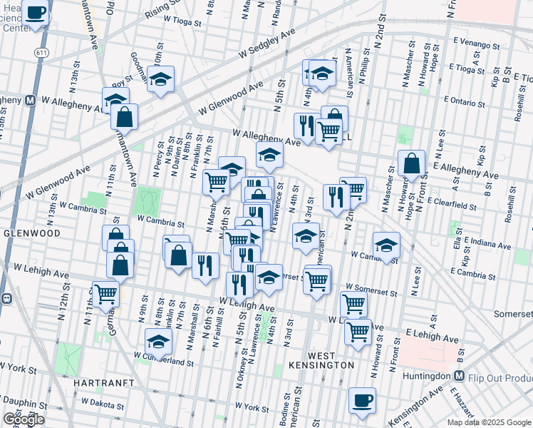 map of restaurants, bars, coffee shops, grocery stores, and more near 2954 North Orkney Street in Philadelphia