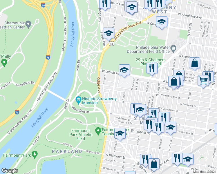map of restaurants, bars, coffee shops, grocery stores, and more near 3316 West Huntingdon Street in Philadelphia