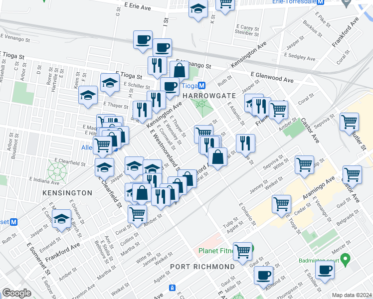 map of restaurants, bars, coffee shops, grocery stores, and more near 3340 Emerald Street in Philadelphia