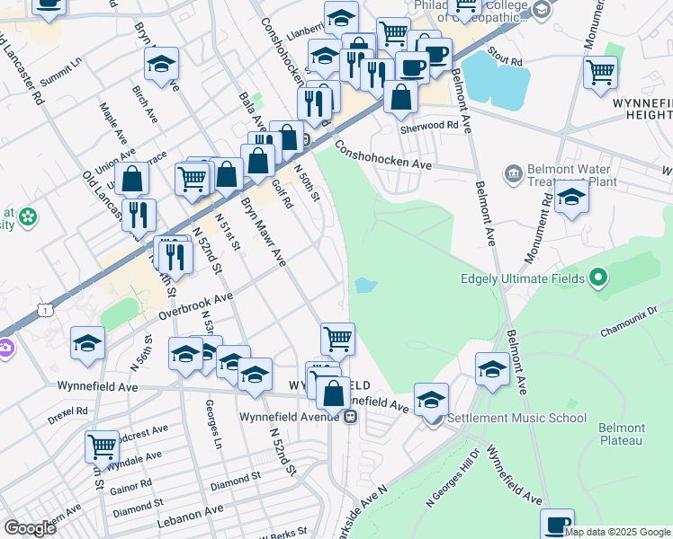 map of restaurants, bars, coffee shops, grocery stores, and more near 2303 North 50th Street in Philadelphia