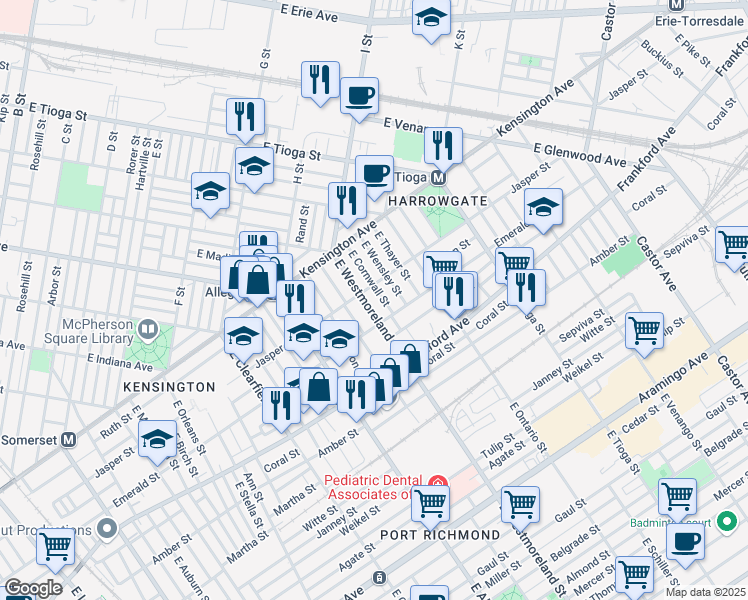map of restaurants, bars, coffee shops, grocery stores, and more near 1916 East Westmoreland Street in Philadelphia
