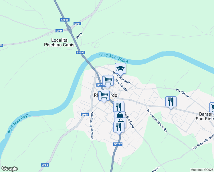map of restaurants, bars, coffee shops, grocery stores, and more near SP12 in Riola Sardo