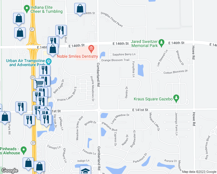 map of restaurants, bars, coffee shops, grocery stores, and more near 9875 Worthington Boulevard in Fishers