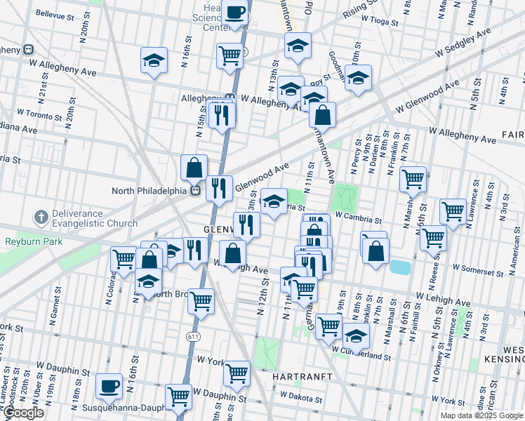 map of restaurants, bars, coffee shops, grocery stores, and more near 1225 West William Street in Philadelphia