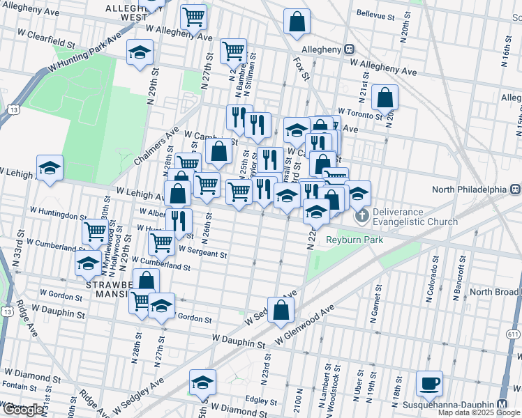 map of restaurants, bars, coffee shops, grocery stores, and more near 2401 West Lehigh Avenue in Philadelphia