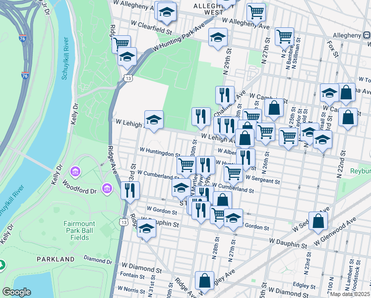 map of restaurants, bars, coffee shops, grocery stores, and more near 2622 North Corlies Street in Philadelphia