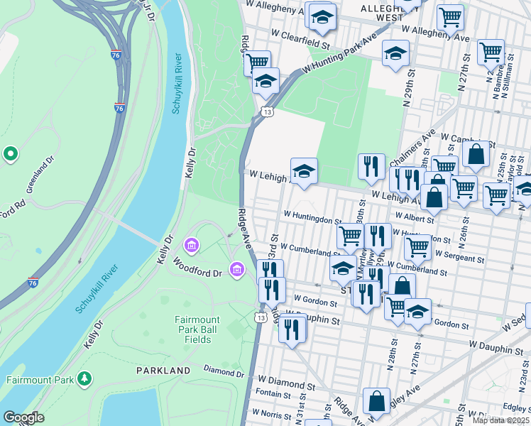 map of restaurants, bars, coffee shops, grocery stores, and more near 3316 West Huntingdon Street in Philadelphia