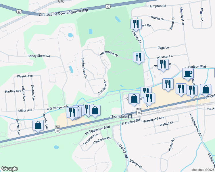 map of restaurants, bars, coffee shops, grocery stores, and more near 127 Turnberry Drive in Thorndale