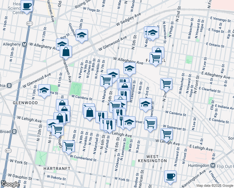 map of restaurants, bars, coffee shops, grocery stores, and more near 2941 North Fairhill Street in Philadelphia
