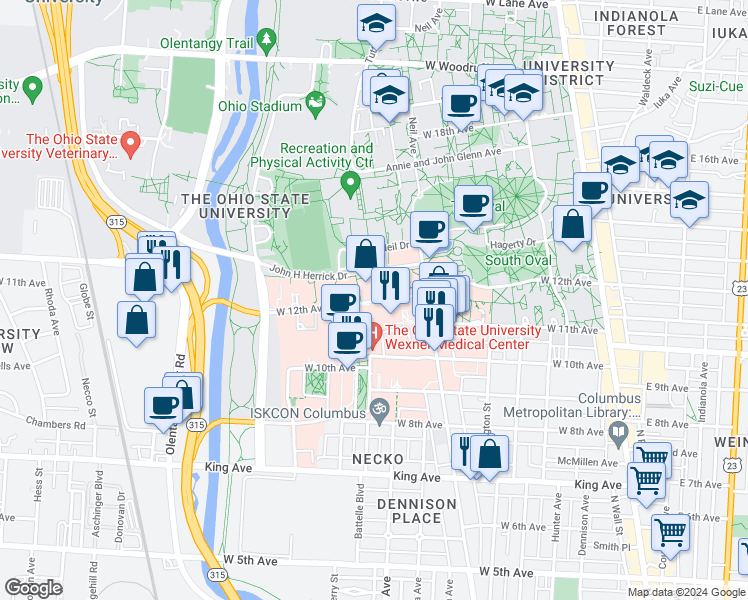 map of restaurants, bars, coffee shops, grocery stores, and more near 347 W 12th Ave in Columbus