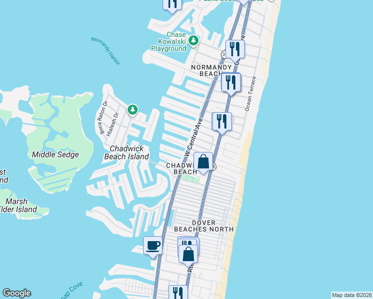 map of restaurants, bars, coffee shops, grocery stores, and more near 202 Heron Road in Lavallette