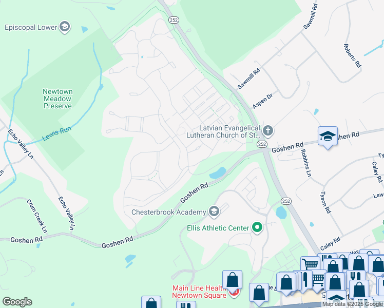 map of restaurants, bars, coffee shops, grocery stores, and more near 3806 Baldwin Lane in Newtown Square
