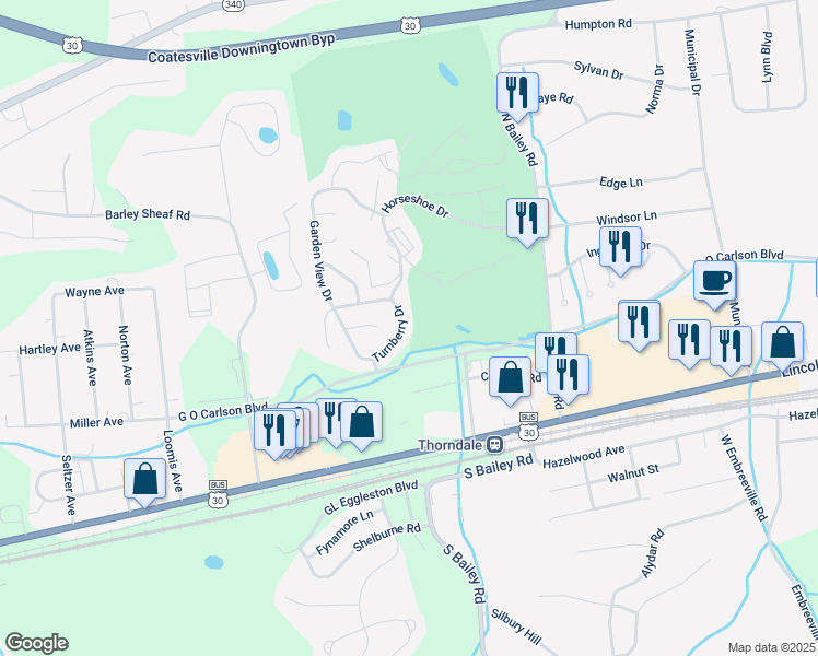 map of restaurants, bars, coffee shops, grocery stores, and more near 127 Turnberry Drive in Thorndale