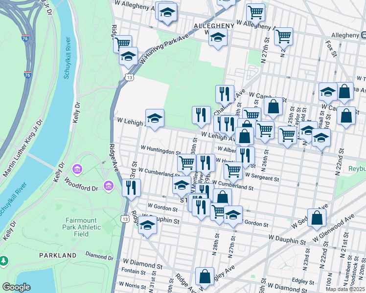 map of restaurants, bars, coffee shops, grocery stores, and more near 2623 North Stanley Street in Philadelphia