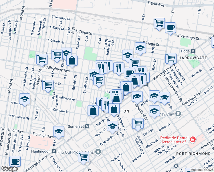 map of restaurants, bars, coffee shops, grocery stores, and more near 604 East Lippincott Street in Philadelphia