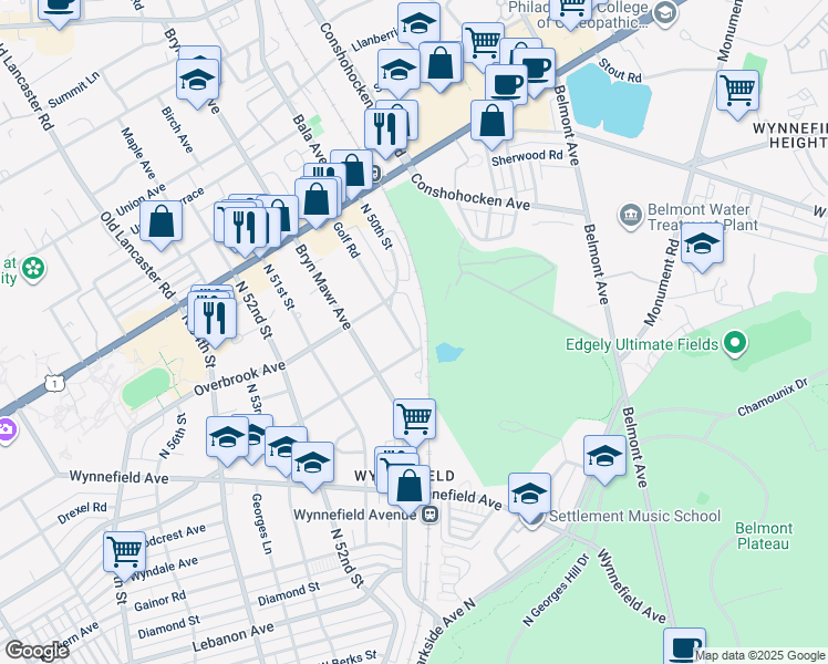 map of restaurants, bars, coffee shops, grocery stores, and more near 2303 North 50th Street in Philadelphia