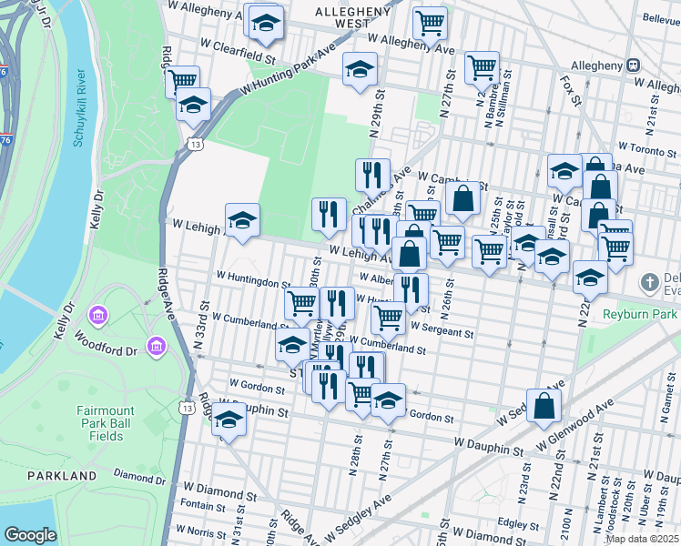 map of restaurants, bars, coffee shops, grocery stores, and more near 2637 North Hollywood Street in Philadelphia