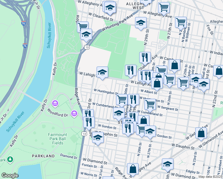 map of restaurants, bars, coffee shops, grocery stores, and more near 2617 North Napa Street in Philadelphia