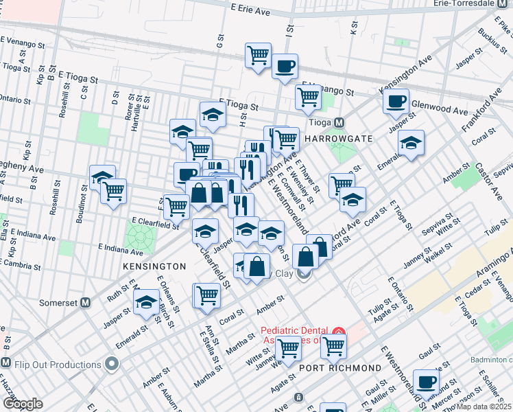 map of restaurants, bars, coffee shops, grocery stores, and more near 1840 East Madison Street in Philadelphia