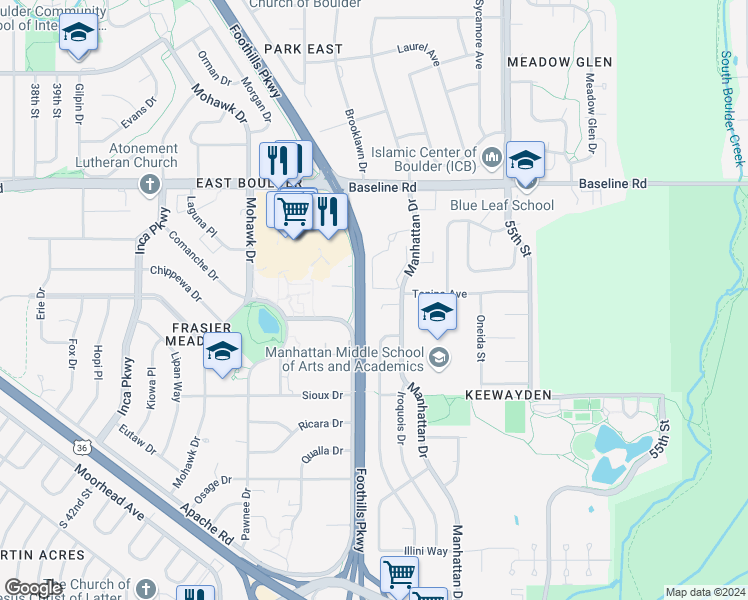 map of restaurants, bars, coffee shops, grocery stores, and more near 5145 Santa Clara Place in Boulder