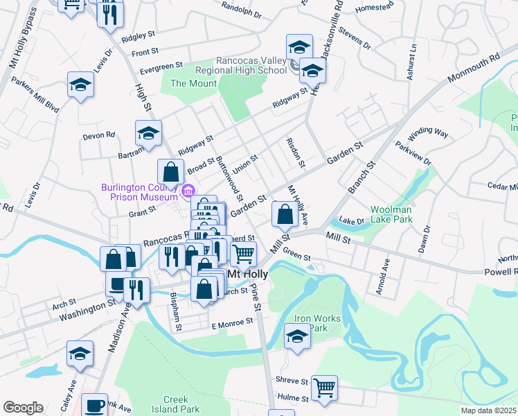 map of restaurants, bars, coffee shops, grocery stores, and more near 100 Garden Street in Mount Holly