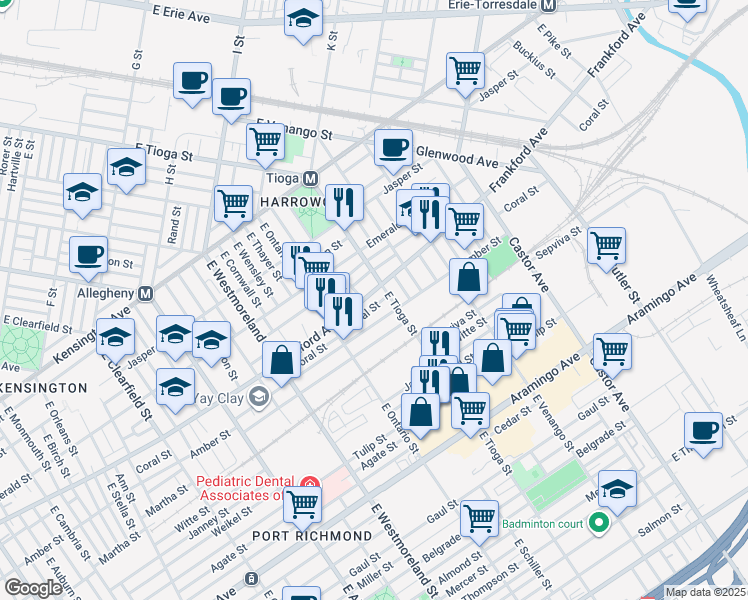 map of restaurants, bars, coffee shops, grocery stores, and more near 3477 Coral Street in Philadelphia