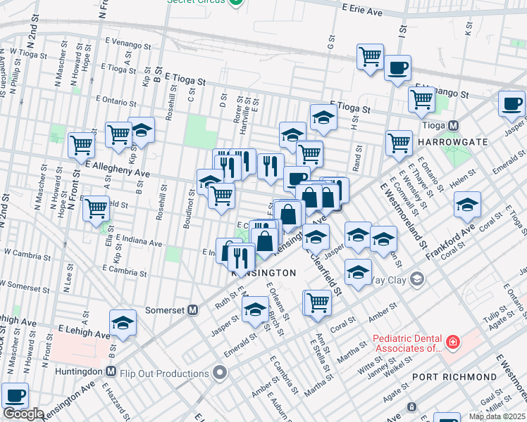 map of restaurants, bars, coffee shops, grocery stores, and more near 641 East Clementine Street in Philadelphia