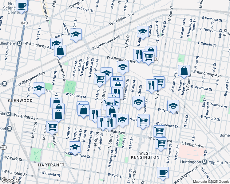 map of restaurants, bars, coffee shops, grocery stores, and more near 2932 North 5th Street in Philadelphia
