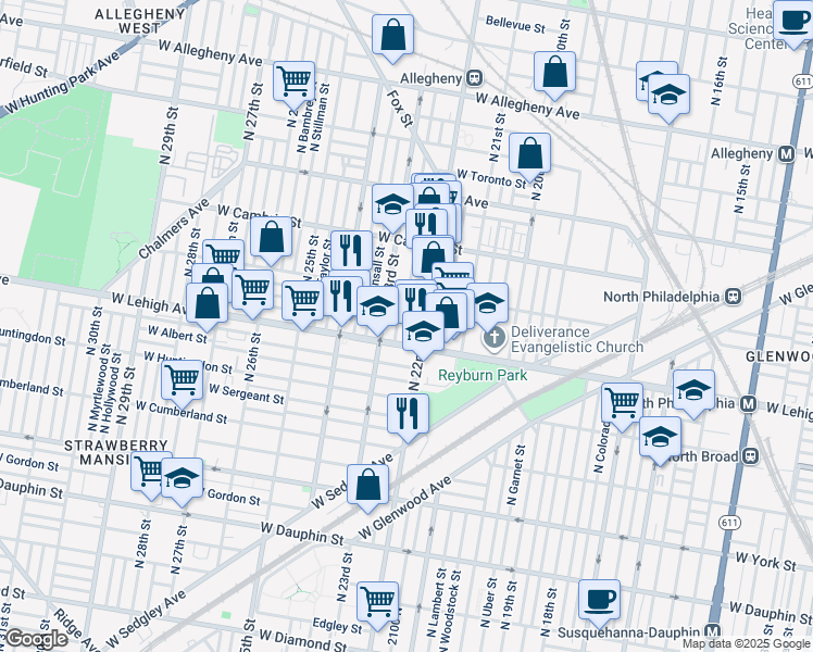 map of restaurants, bars, coffee shops, grocery stores, and more near in Philadelphia