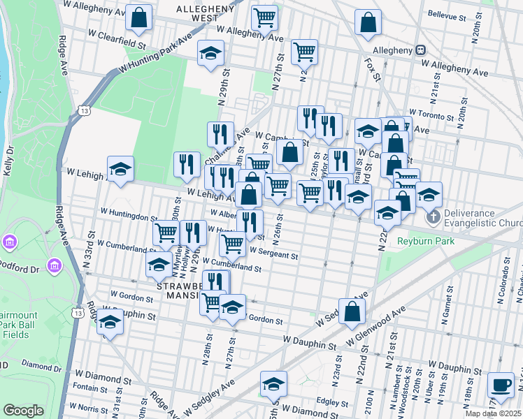 map of restaurants, bars, coffee shops, grocery stores, and more near 2643 West Oakdale Street in Philadelphia