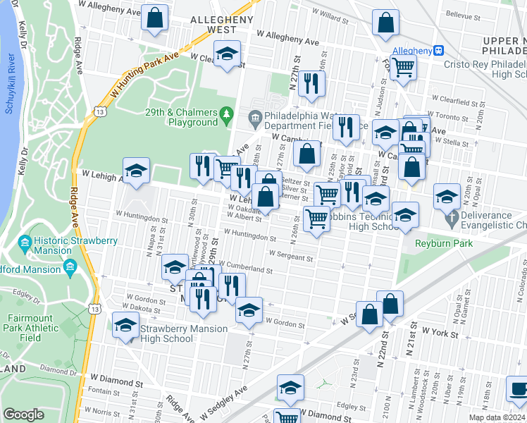 map of restaurants, bars, coffee shops, grocery stores, and more near 2627 North 27th Street in Philadelphia