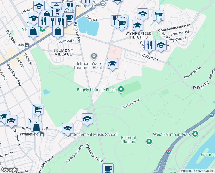 map of restaurants, bars, coffee shops, grocery stores, and more near 4360 Monument Road in Philadelphia