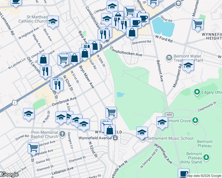 map of restaurants, bars, coffee shops, grocery stores, and more near 5001 Woodbine Avenue in Philadelphia