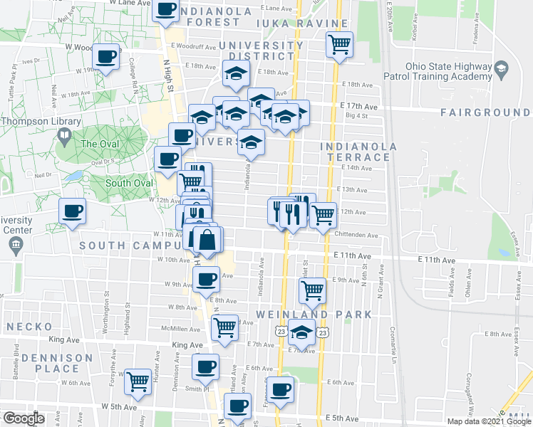 map of restaurants, bars, coffee shops, grocery stores, and more near 166 Chittenden Avenue in Columbus