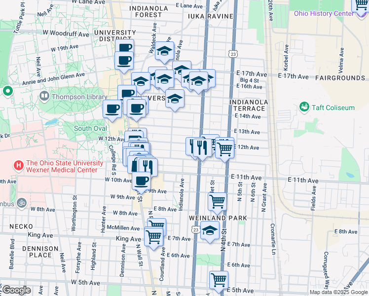 map of restaurants, bars, coffee shops, grocery stores, and more near 166 Chittenden Avenue in Columbus