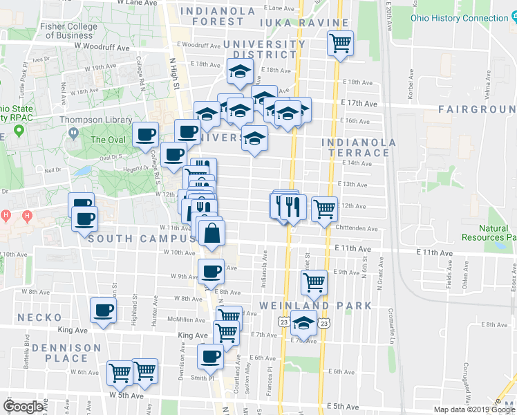 map of restaurants, bars, coffee shops, grocery stores, and more near in Columbus