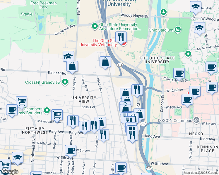 map of restaurants, bars, coffee shops, grocery stores, and more near 1631 Globe Street in Columbus
