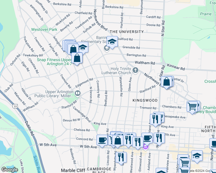 map of restaurants, bars, coffee shops, grocery stores, and more near 1924 Bedford Road in Columbus