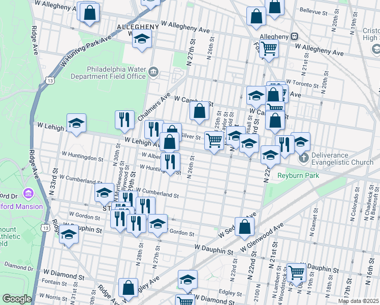 map of restaurants, bars, coffee shops, grocery stores, and more near 2606 West Lehigh Avenue in Philadelphia