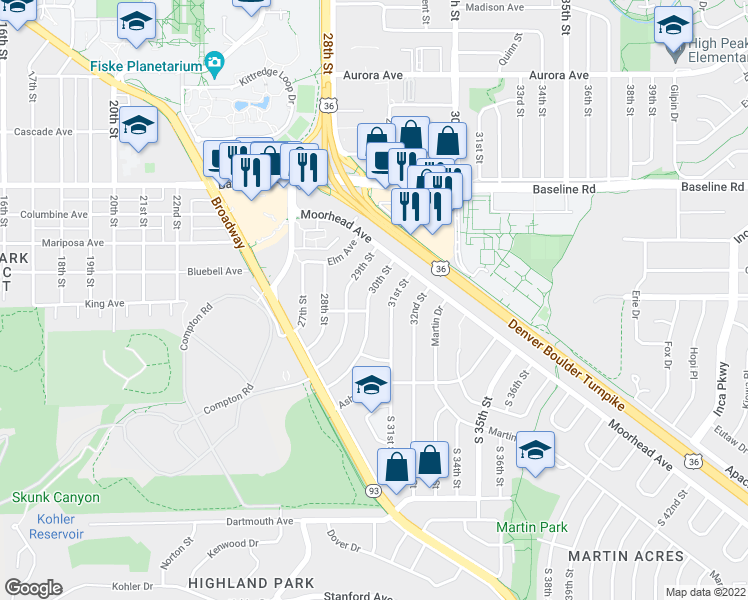 map of restaurants, bars, coffee shops, grocery stores, and more near 290 30th Street in Boulder