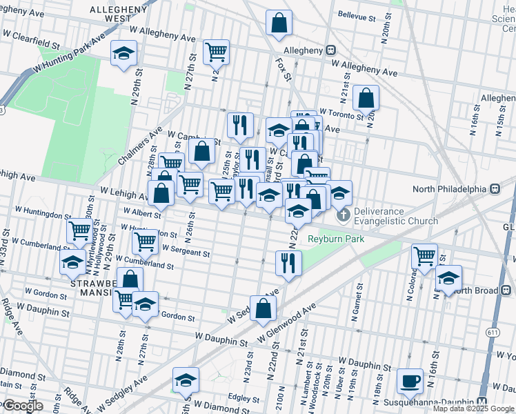 map of restaurants, bars, coffee shops, grocery stores, and more near in Philadelphia