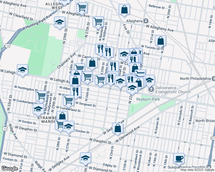 map of restaurants, bars, coffee shops, grocery stores, and more near 2413 West Lehigh Avenue in Philadelphia