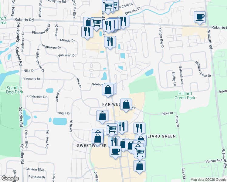 map of restaurants, bars, coffee shops, grocery stores, and more near 2214 Hilliard Rome Road in Columbus