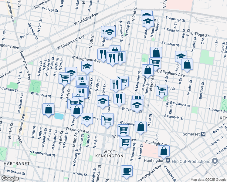map of restaurants, bars, coffee shops, grocery stores, and more near 3006 North American Street in Philadelphia