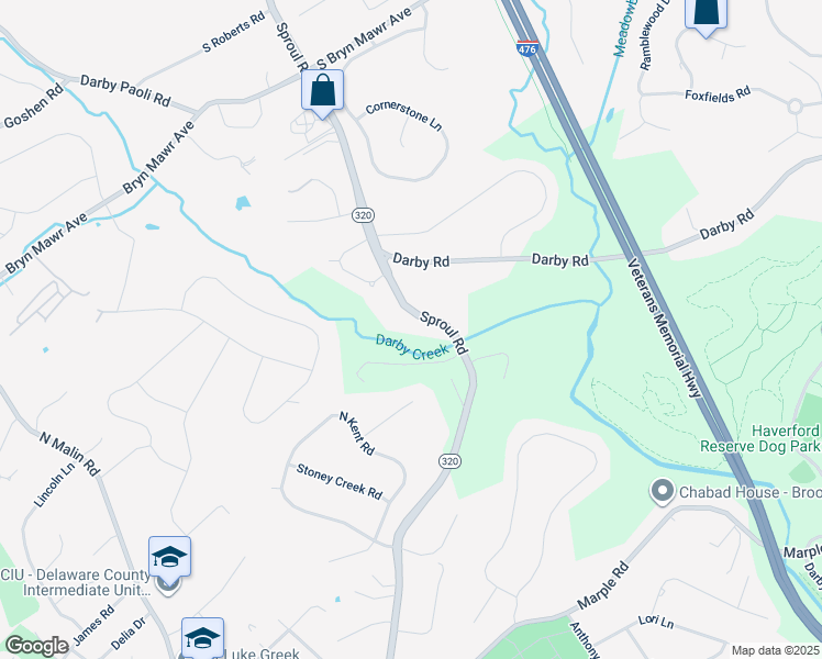 map of restaurants, bars, coffee shops, grocery stores, and more near 1040 Sproul Road in Bryn Mawr