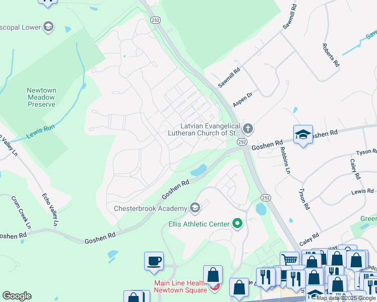 map of restaurants, bars, coffee shops, grocery stores, and more near 3811 Liseter Road in Newtown Square